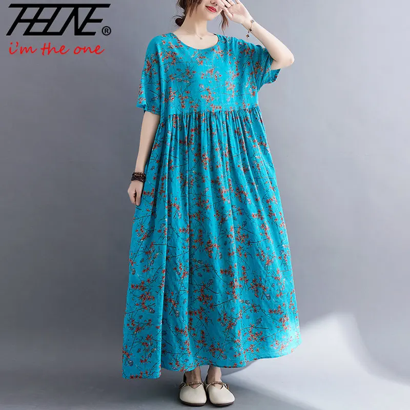 

Oversized Print Dress Summer Woman Vestidos De Mujer Casual Loose Korea Linen Cotton Long Vintage Floral Ladies Womens Dresses