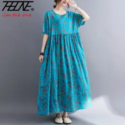 Oversized Print Dress Summer Woman Vestidos De Mujer Casual Loose Korea Linen Cotton Long Vintage Floral Ladies Womens Dresses