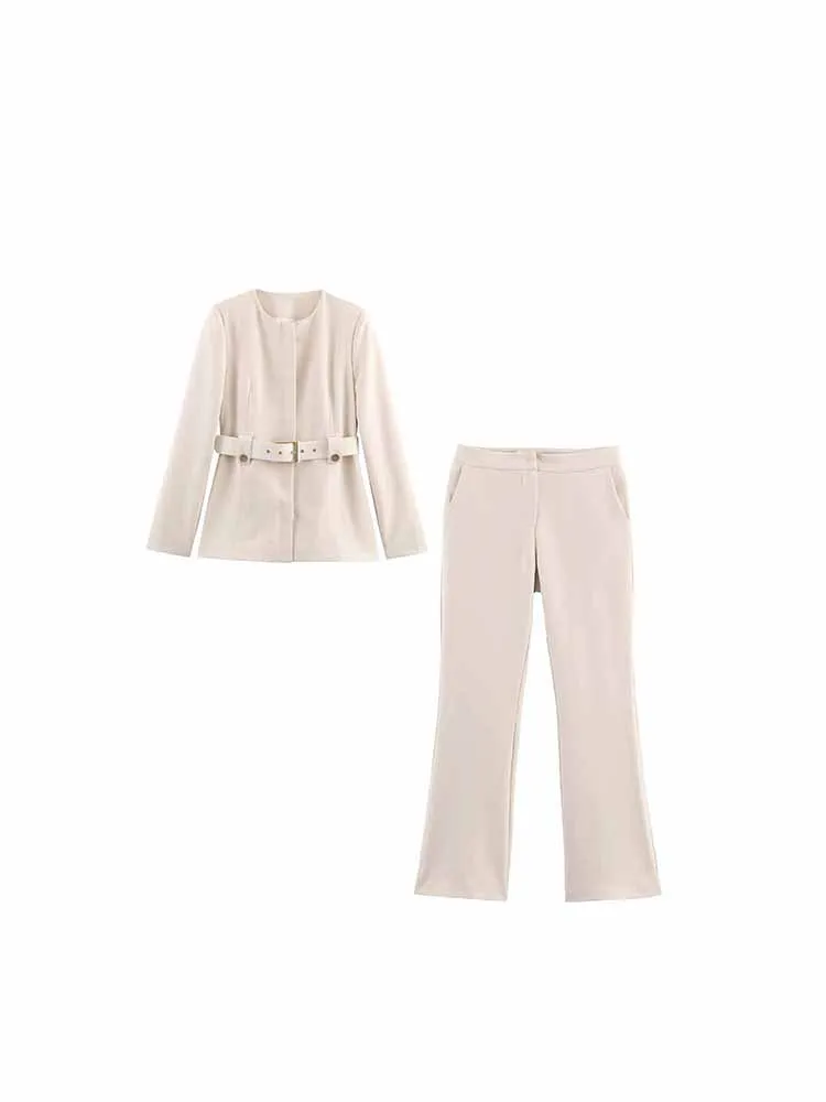 Estilo europeu e americano outono nova tendência da moda simples roupas femininas cinto fino terno jaqueta calças de cintura média