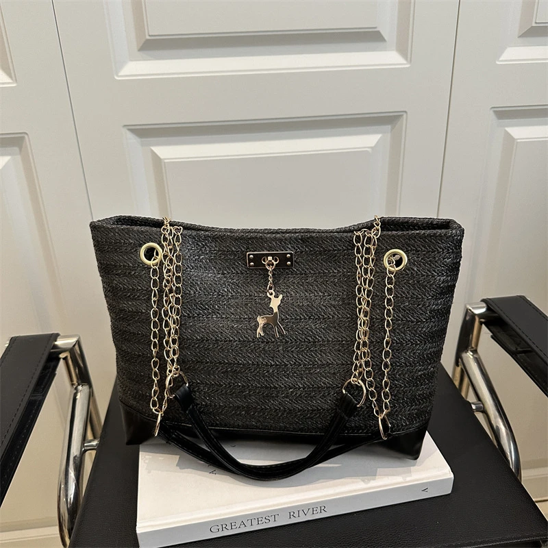 

Плетеная сумка-тоут с магнитной застежкой, цепочкой на плечо, большой вместимостью, для пляжа, отпуска, поездок на работу, женская сумка