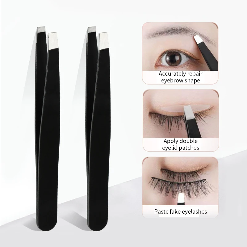 Stainless Steel Black Eyebrow Tweezer with Slant and Flat Point Beauty Tools for Eyebrows & Ingrown Hair Removal