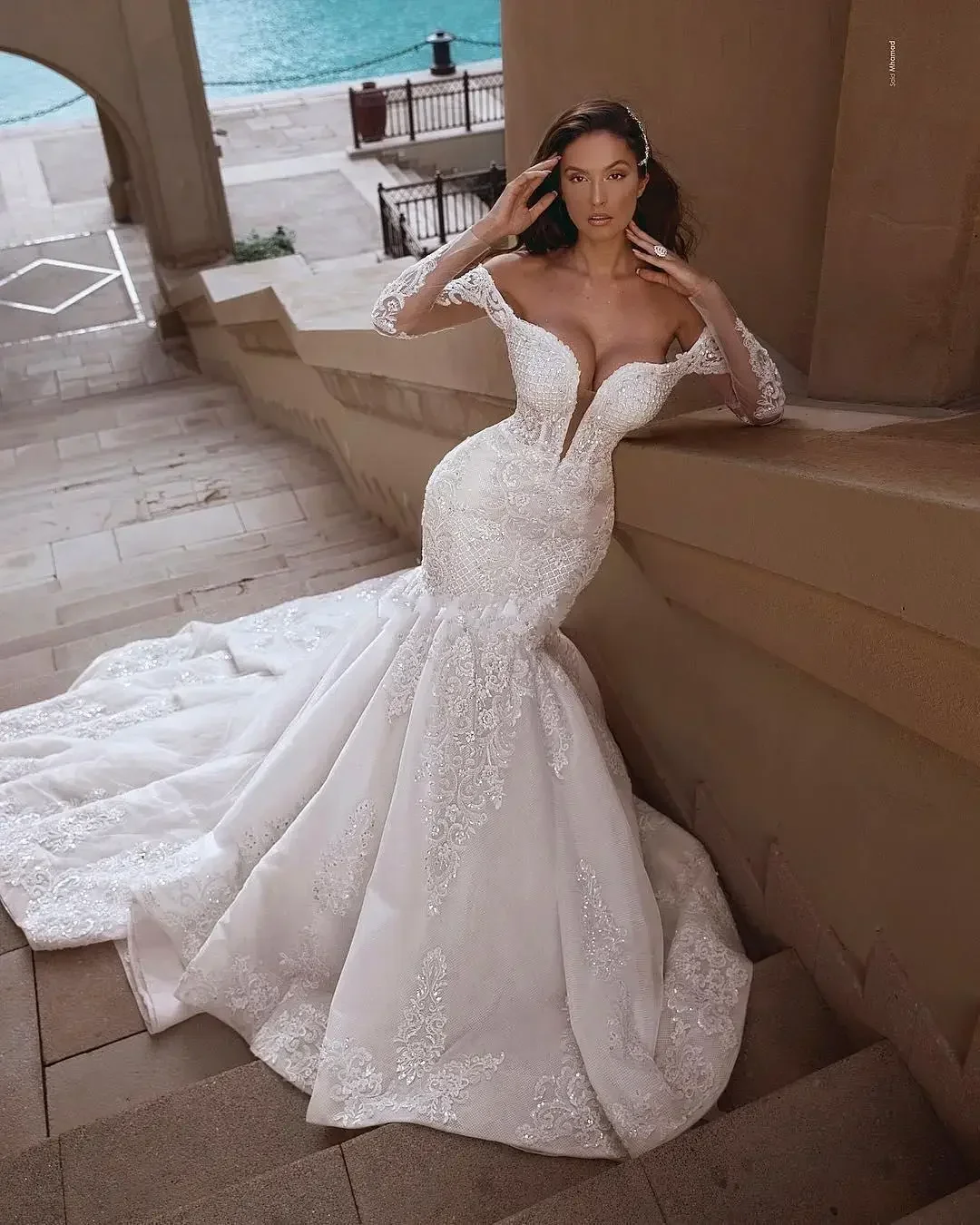 Customized  Deep V Neckline Lace Appliques Mermaid Wedding Dresses Sweep Train Robe Marriage Long Sleeves Plus Size Bridal Gowns
