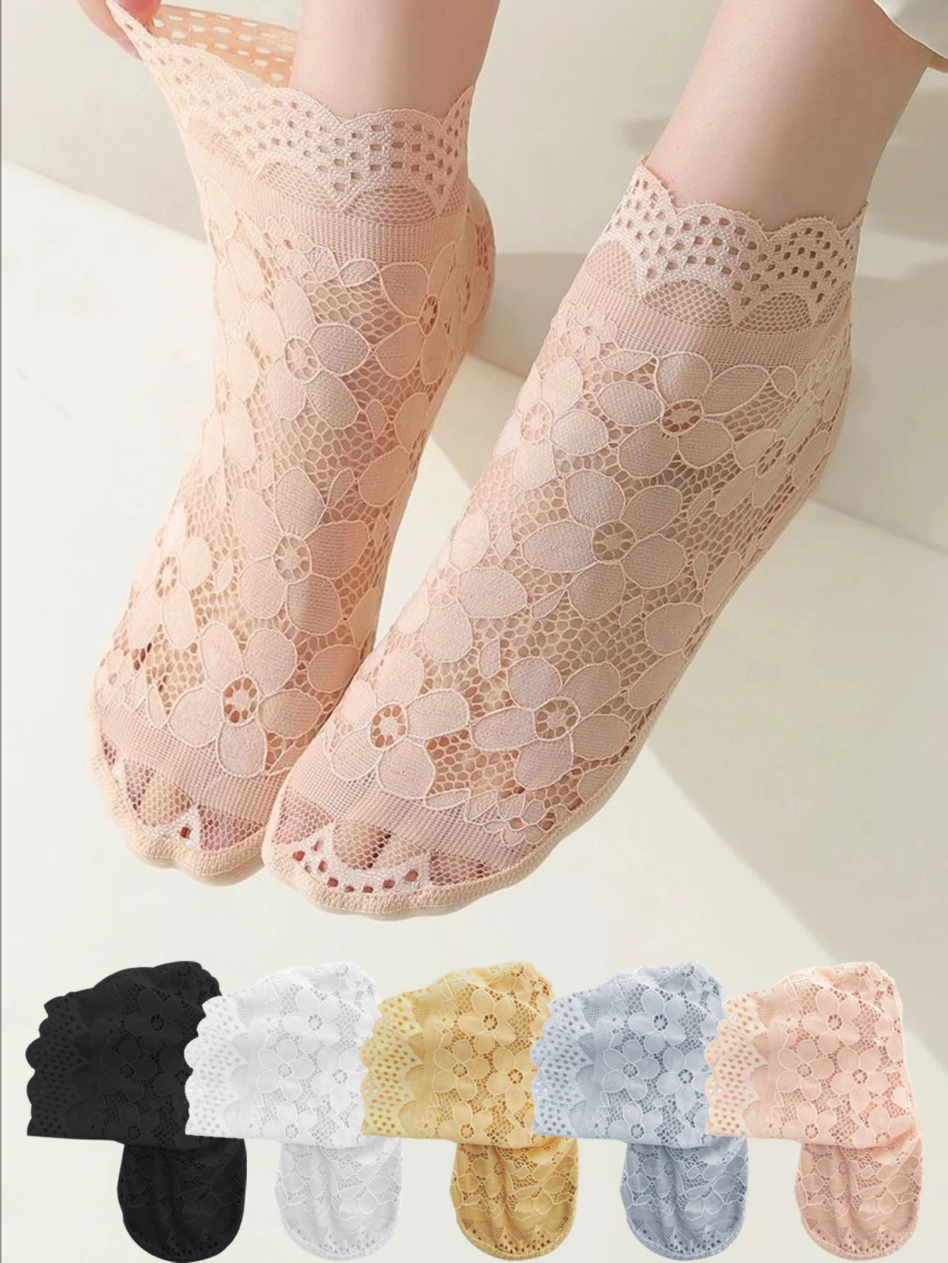 

5 Pairs Lace Socks Women Summer Solid Color Thin Short Socks Floral Sheers Sexy Tulle Transparent Socks Ladies Soft Comfort
