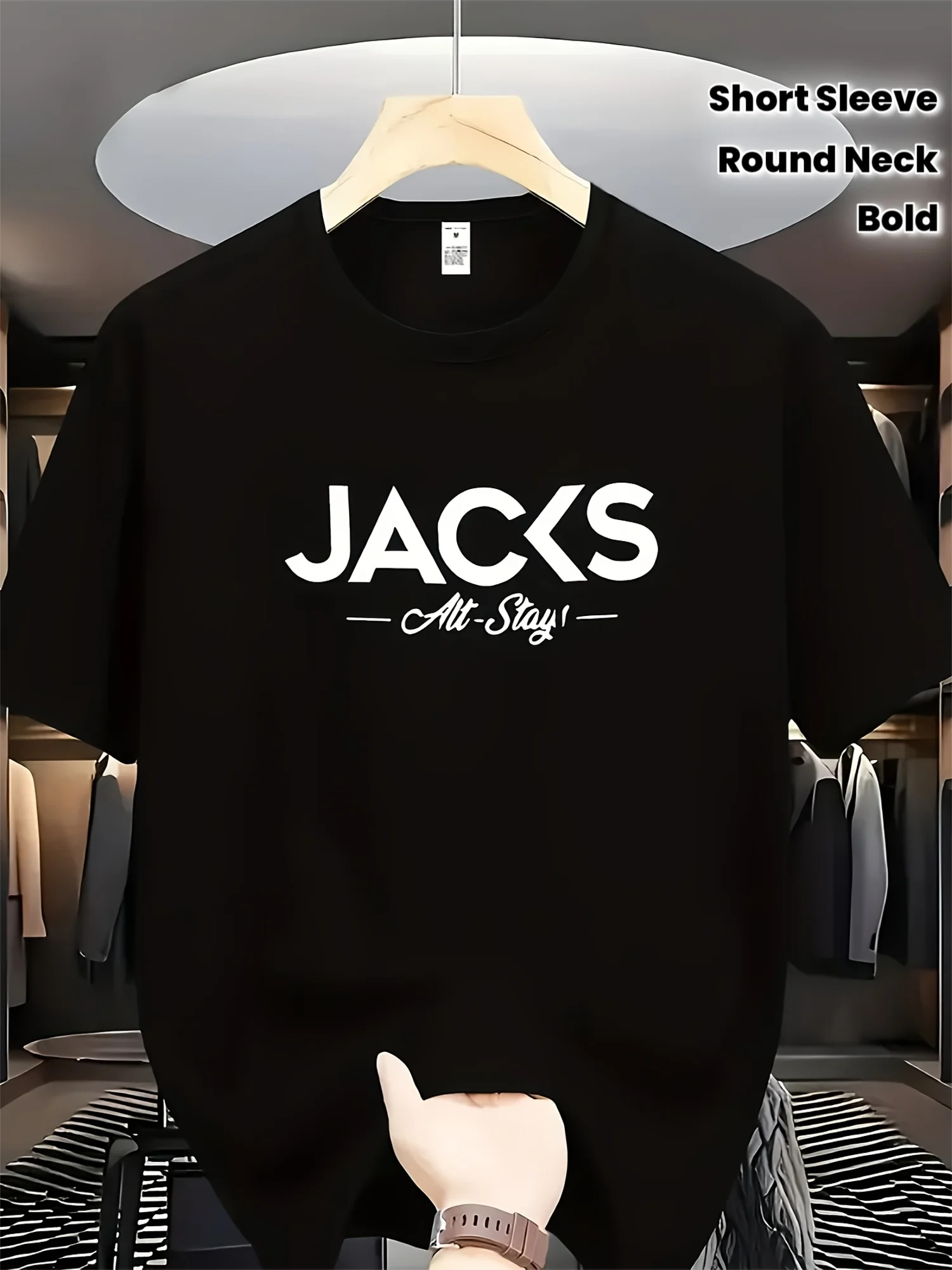 Classic Men's Black Graphic T-Shirt Bold Jacks Alt Stay Typography Statement Print 100% Cotton Heavyweight Short Sleeve Casual Streetwear Tee