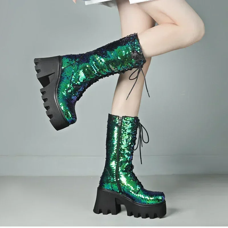 2024 inverno nuova moda paillettes punta tonda piattaforma stivaletti per le donne stile Punk Party Nightclub Stage Mujer scarpe di grandi