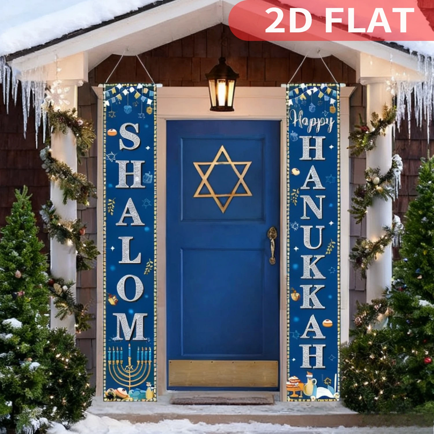 

1pair Happy Hanukkah Porch Sign & Door Banner, Polyester Welcome Signs with "Happy Hanukkah"，1x6FT, for Festive Celebrations
