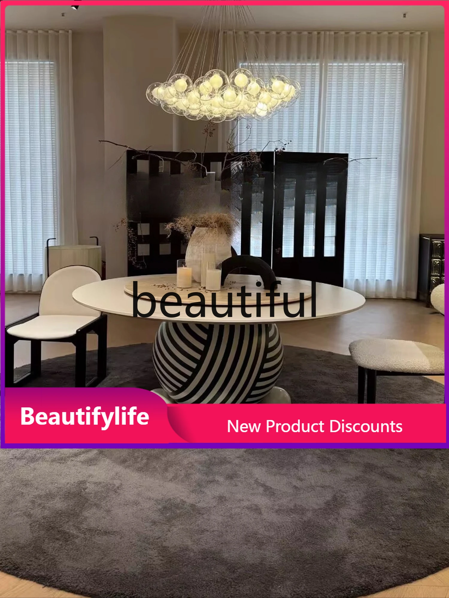 

H Medieval style solid wood dining table, household retro wabi style round, painting art model room table