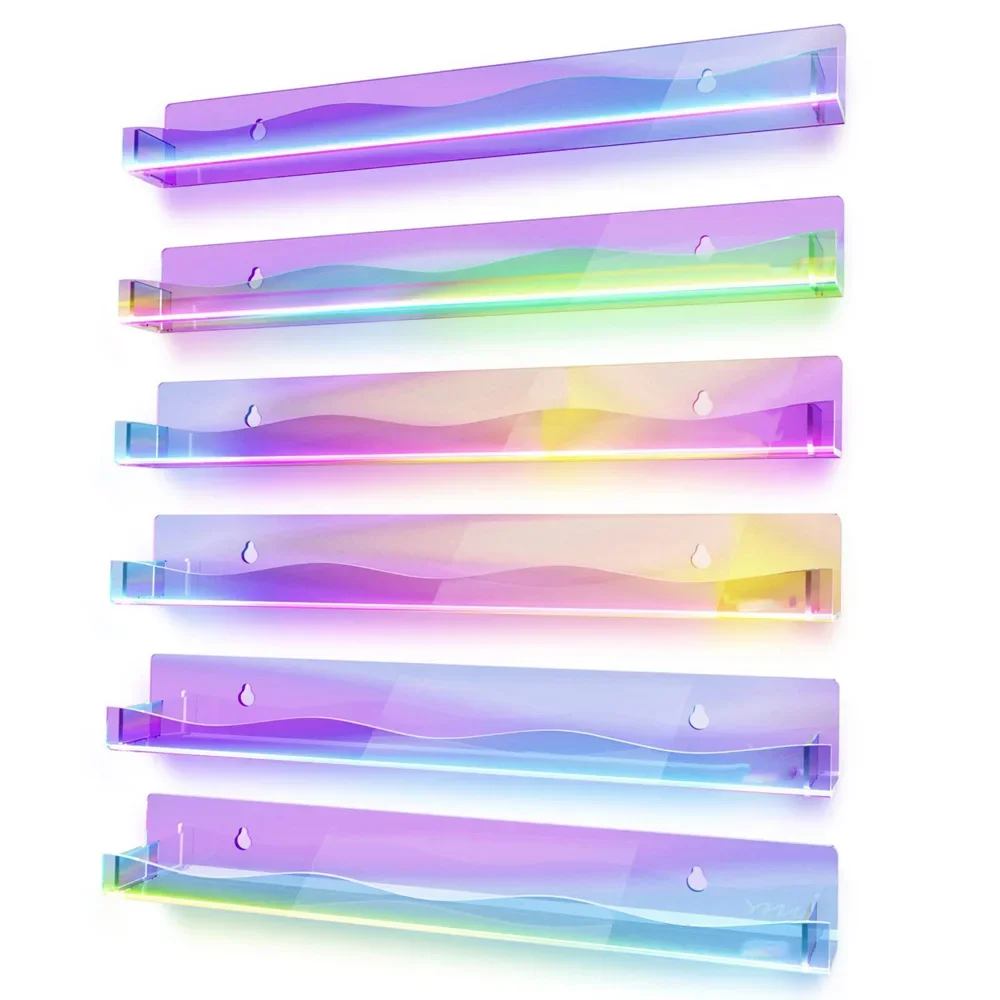 2/4Pcs Acrylic Floating Shelves Colorful Display Stand Rainbow Iridescent Wall Rack Shelf Office Storage Bookshelf Wall Hanging