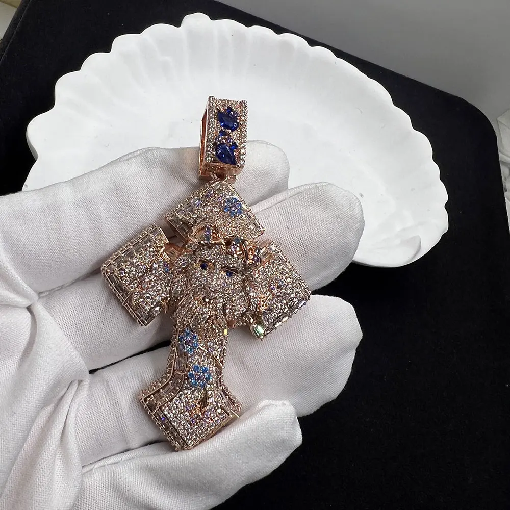 Vintage Style Cross Jesus Pendant with Blue Flower Design Iced Out Synthesis Zirconia Necklace Hip-Hop Unisex Mother's Day Gift