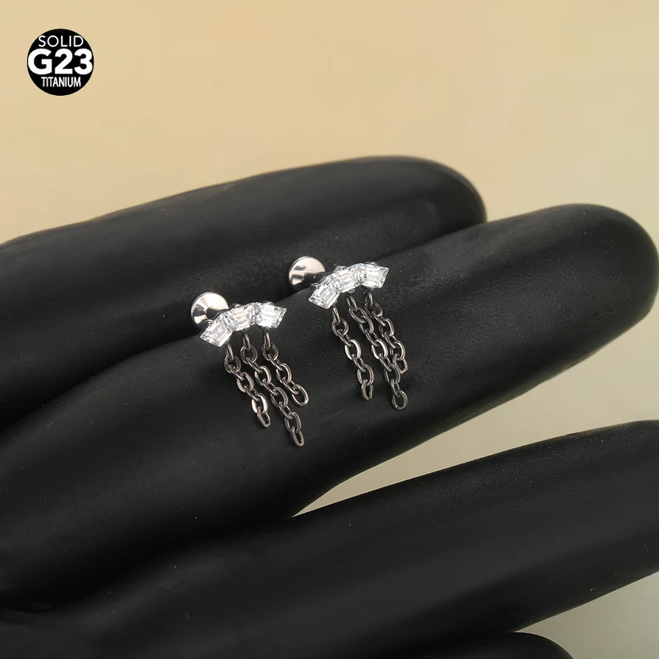 

1 шт./5 шт. G23 титановая цепочка висячие серьги-гвоздики CZ спираль хрящ раковина губная губа плоская задняя часть пирсинг украшения для тела