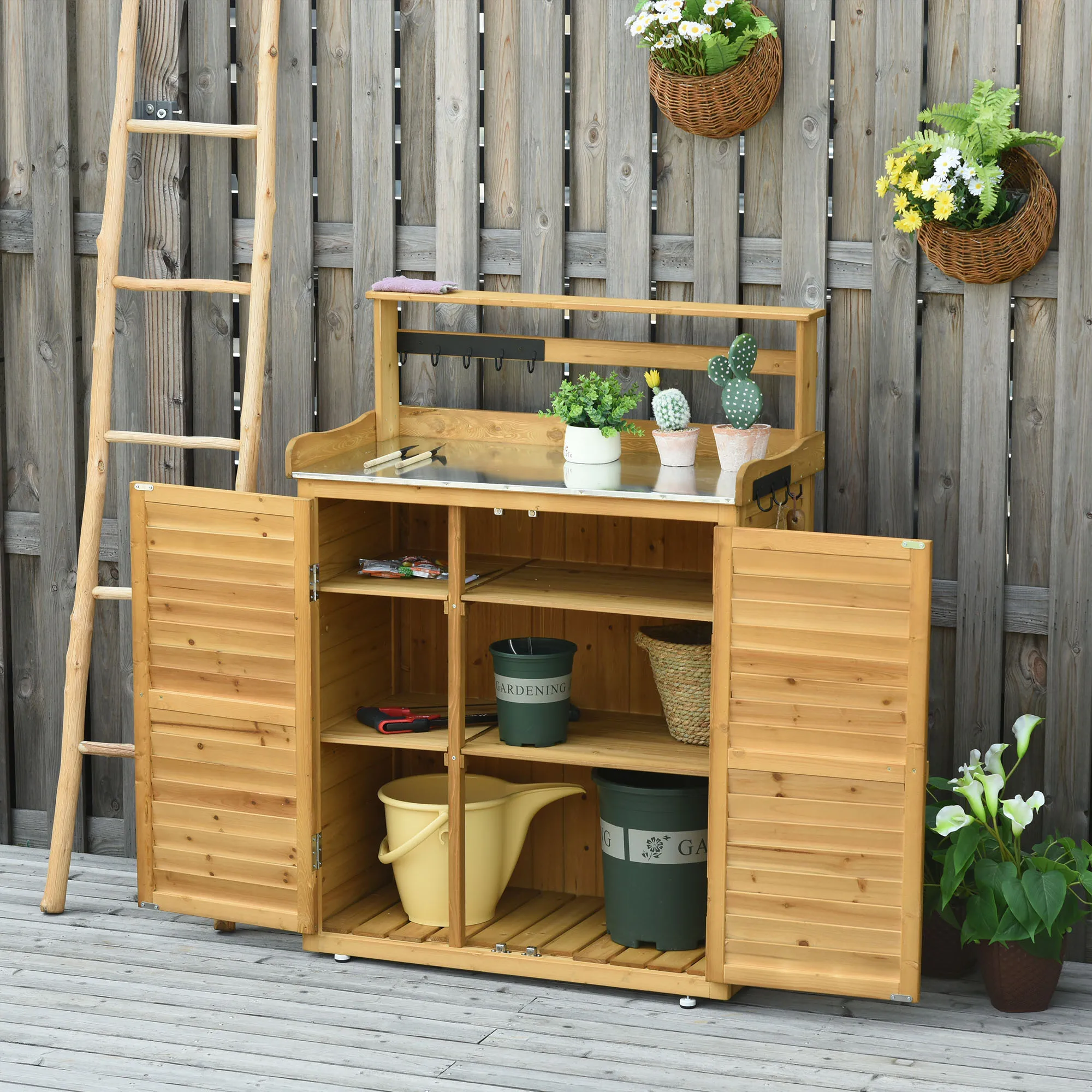 Wooden Potting Bench 3-Tier Storage Cabinet Table with Magnetic Latch Foot Pad