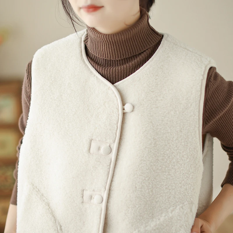 Colete de Pele de Cordeiro F Outono Inverno Estilo Coreano Jaqueta Sem Mangas com Decote Redondo Estilo Casual em Poli...