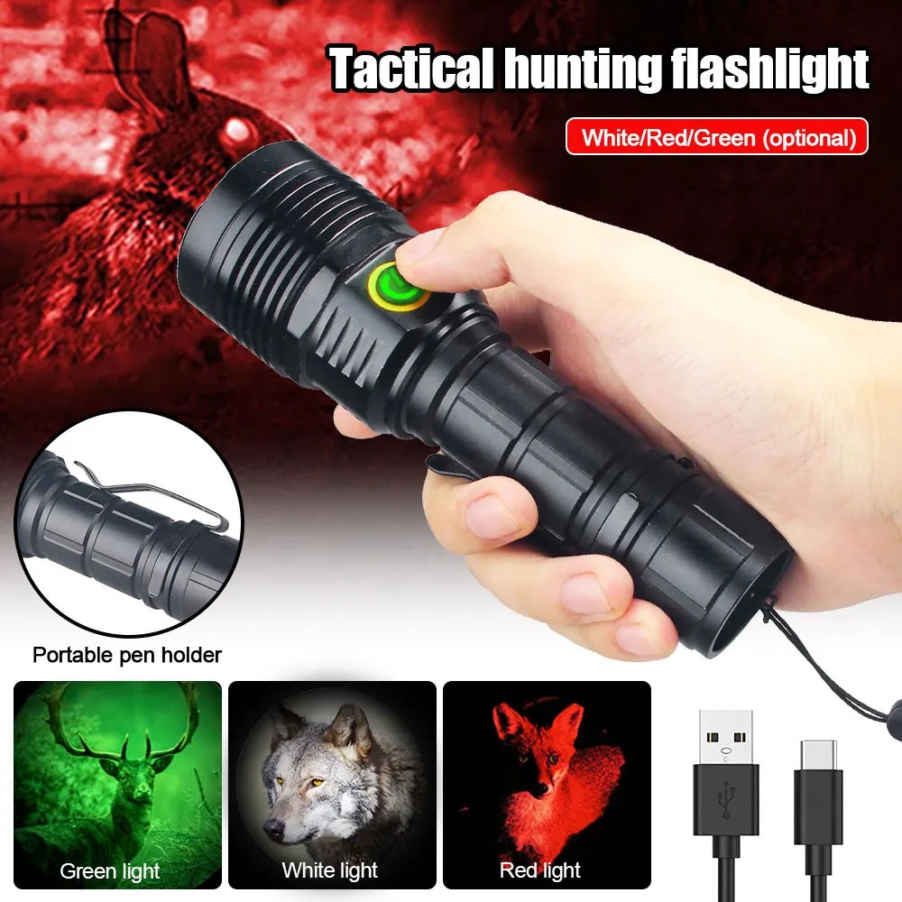 30W 1500LM Professional Green Red SST40 LED Hunting Flashlight Tactical 4-Modes Predator Coyote Torch USB Rechargeable Lantern