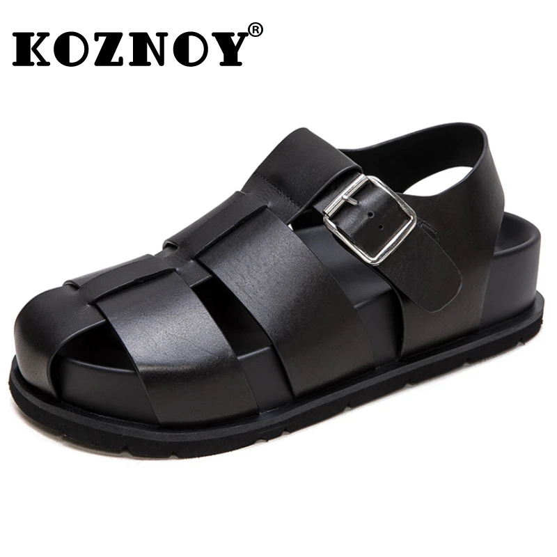 Koznoy 4.5cm Weave Cow Genuine Leather Sandals Mary Jane Platform Wedge Summer Women Fashion Ankle Booties Round Buckle Shoes