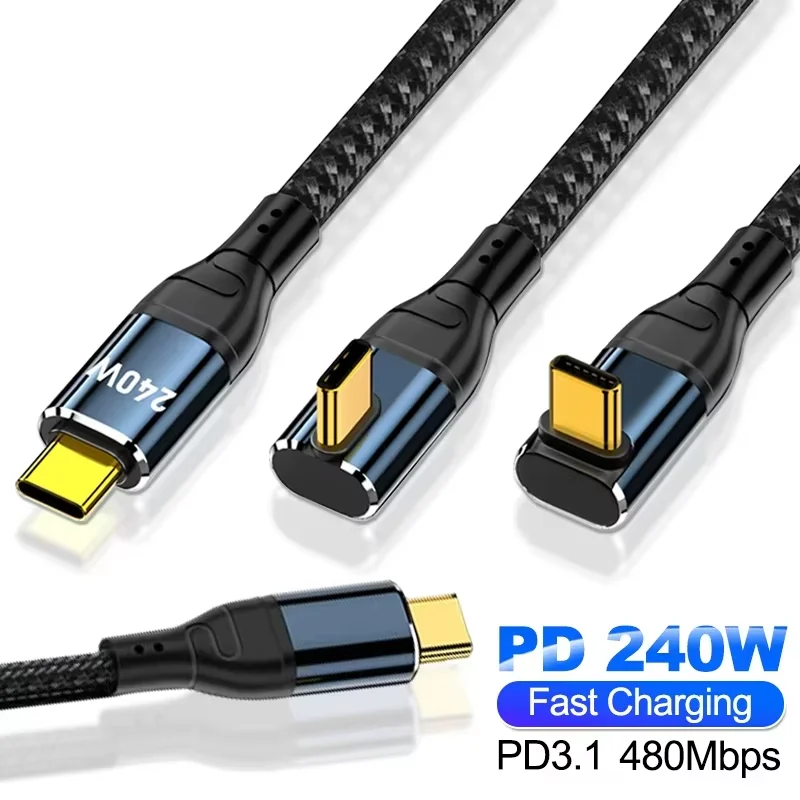 L Elbow & Straight Head 240W High Power USB C-C Braided Charging Wire Durable Anti-break Type C Fast Charge Line Fit All Type-C