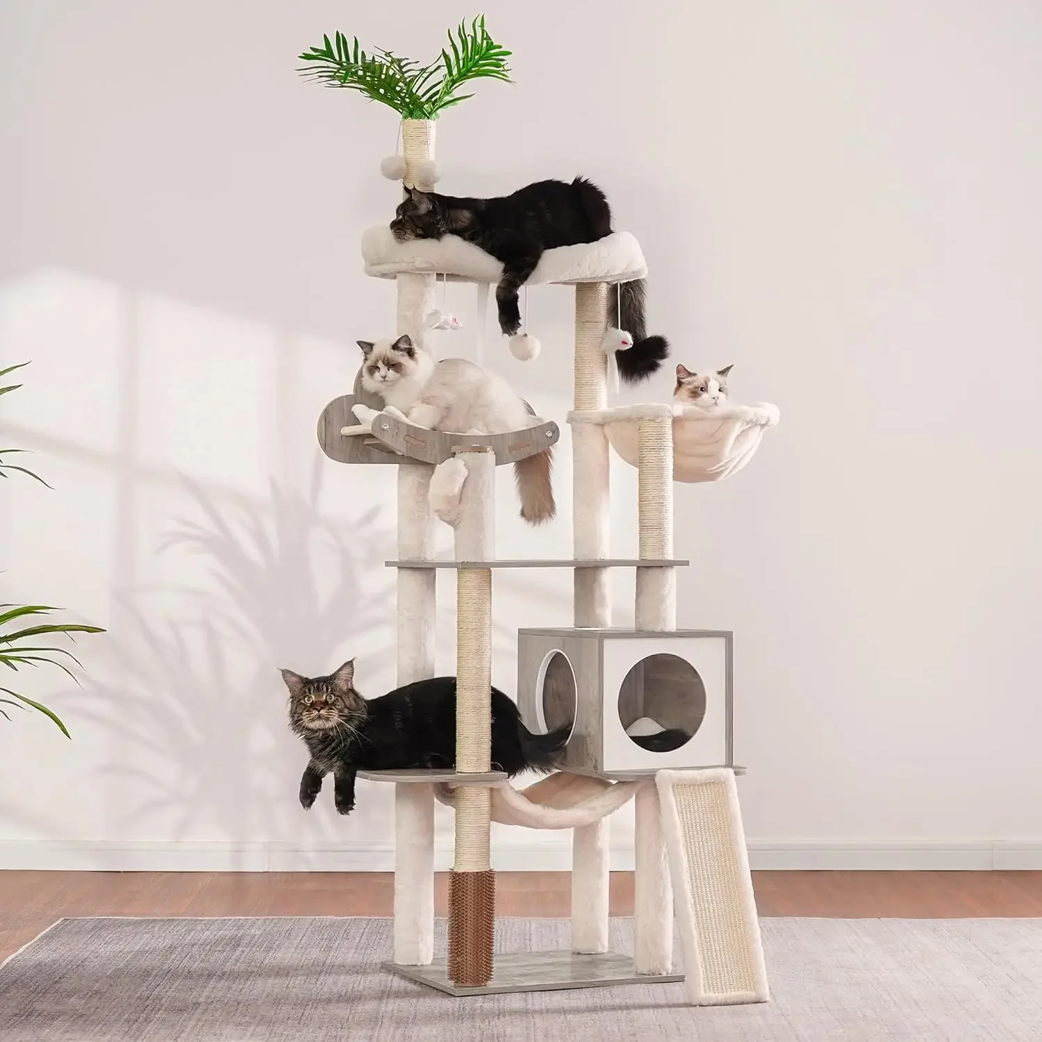 Wood Cat Tree For Indoor Cats, Cat Condo For Large Cats With Self Groomer,Modern Cat Scratching Tower With Basket,Hammock|