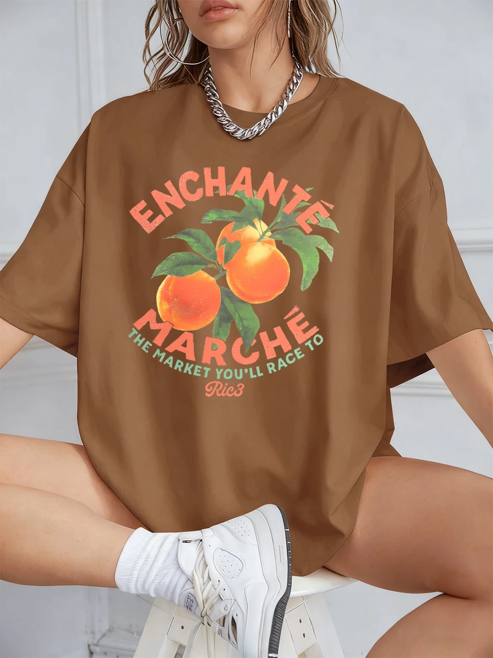 Marche Orangen Markt Druck Kurzarm T-Shirts Frauen Baumwolle Sommer T-shirts Übergroßen Oansatz Tops Grundlegende Frau Kleidung