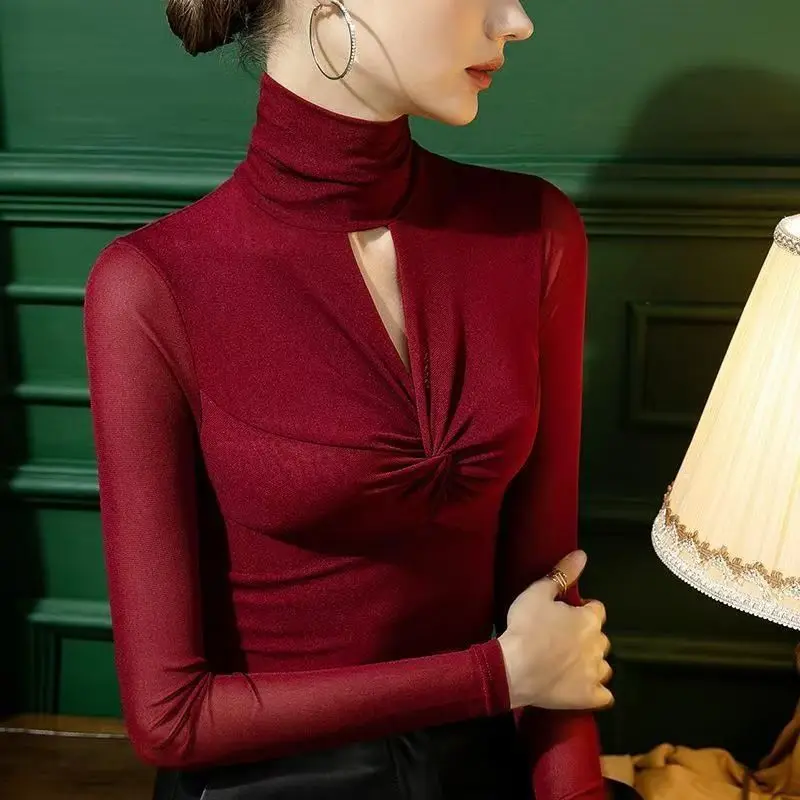 

Осень/зима, сетчатая блузка с высоким воротником, женский элегантный топ с длинными рукавами, однотонная базовая универсальная рубашка