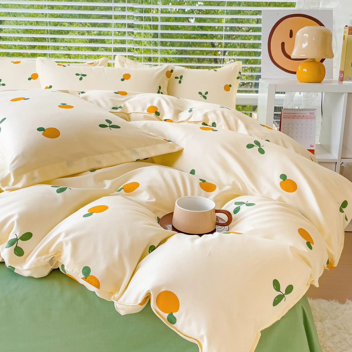 Ins Style Duvet Cover Set with Flat Sheet Pillowcases Cute Orange Printed Single Double Queen Size Girls Kids Bedding Linens