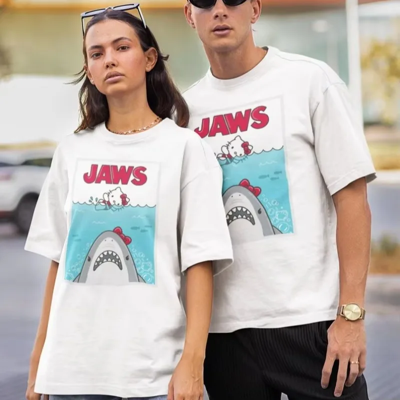 

Couple Hello Kitty T-Shirt Kawaii Sanrio Print Short Sleeve Cotton T Shirt Cute Hello Kitty Summer Men Women Harajuku Y2K Tops