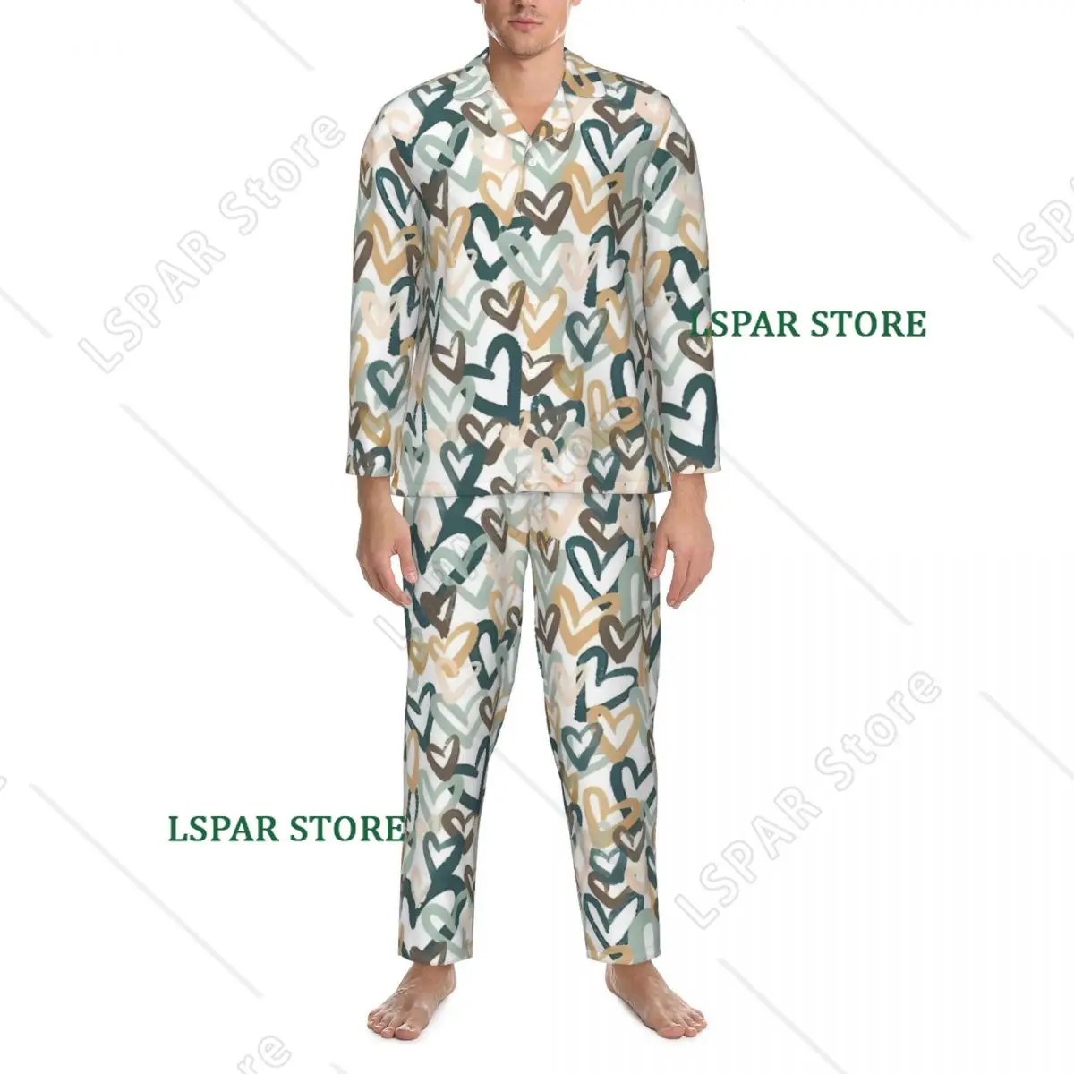 Pajamas Man Abstract Hearts Print Leisure Nightwear 2 Pieces Vintage Pajama Set Long Sleeves Cute Oversized Home Suit