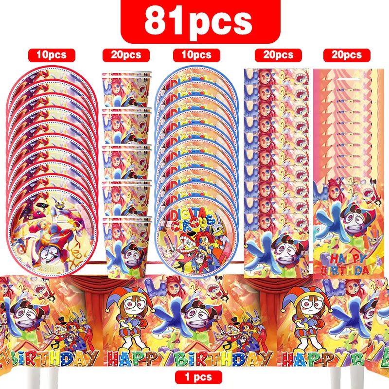 Het geweldige digitale circus Verjaardagsdecoratie Servies Beker Borden Servet Ballonset Banner Achtergrond Cadeauzakjes Feestartikelen