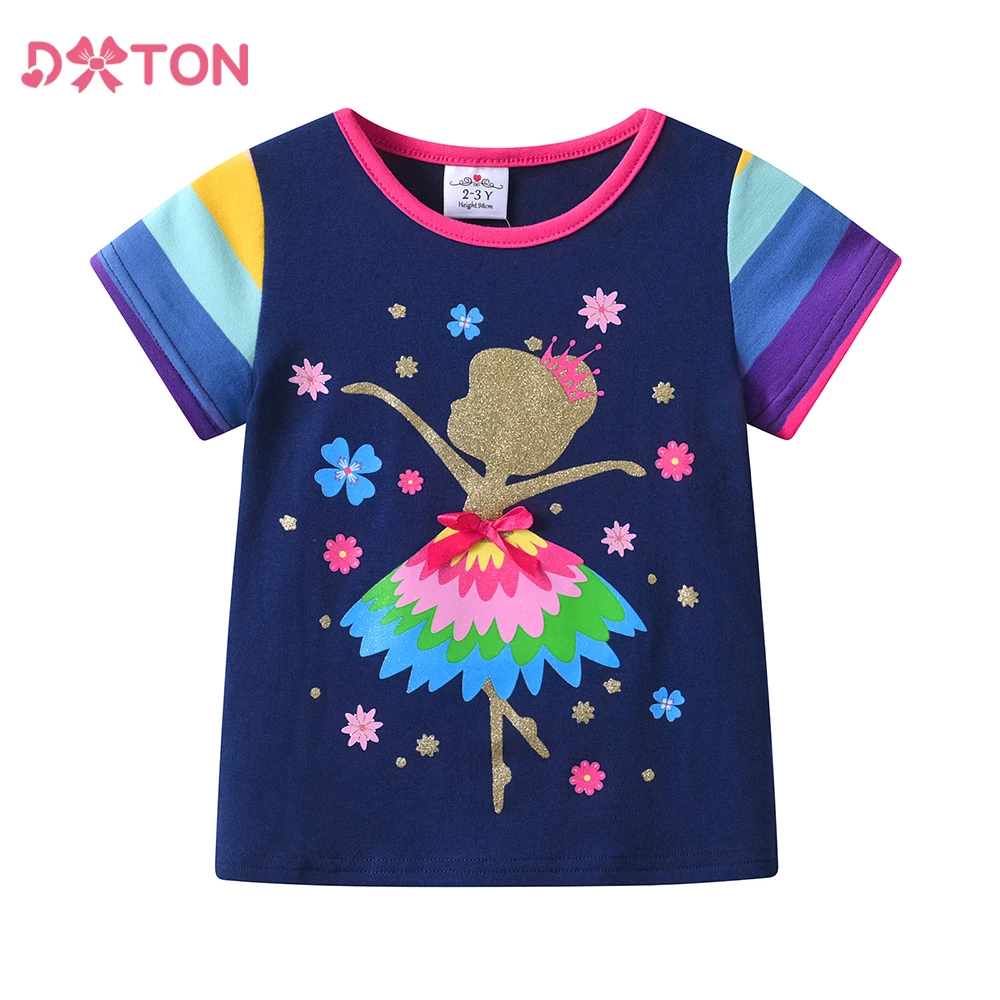 DXTON Short Sleeve Girls Tops Summer Children T-shirt For Girls Patchwork Striped Kids Tees  Floral Toddler Cotton Girls Clothes