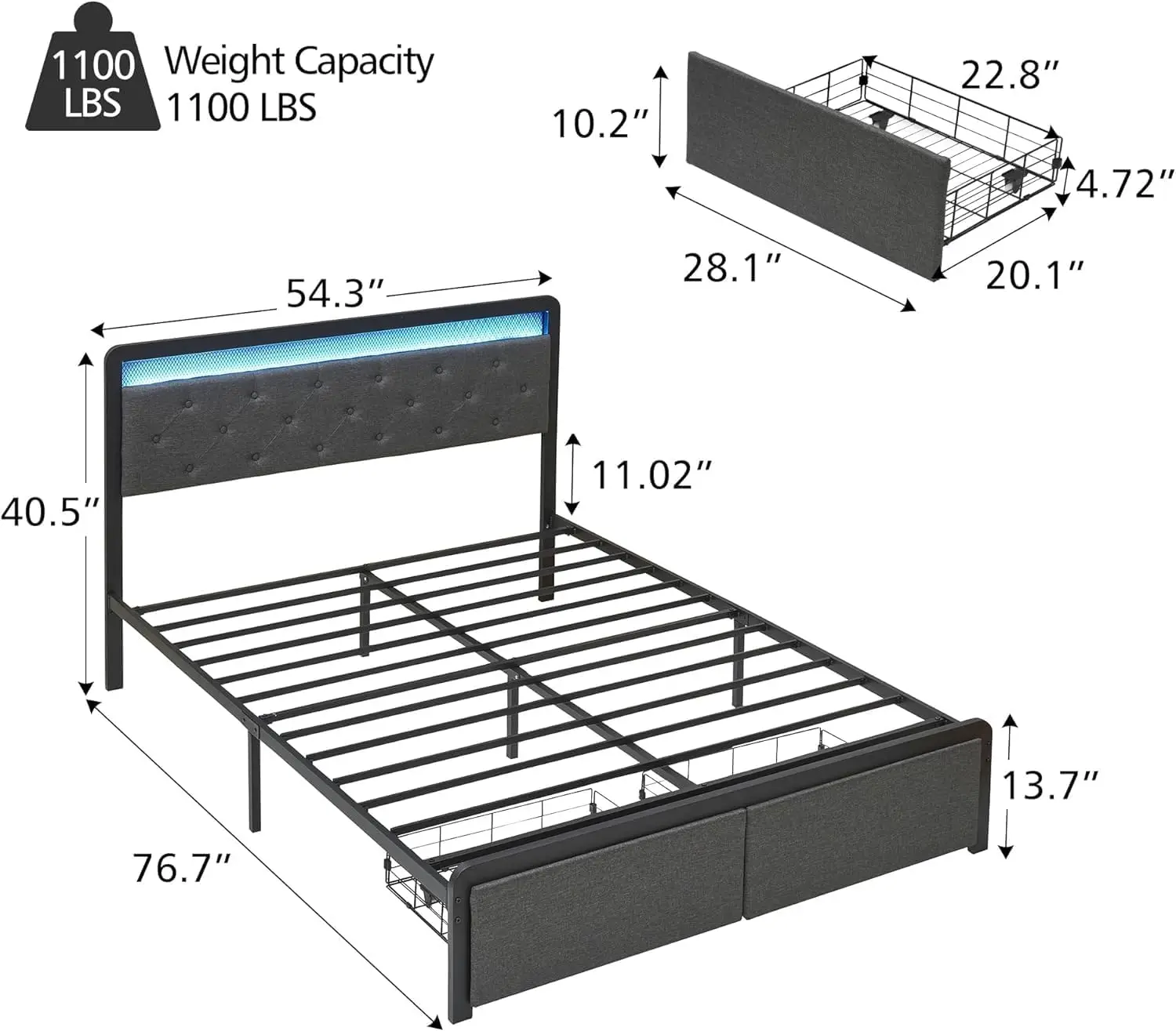 Upholstered Full Bed Frame with 2 Storage Drawers,Button Tufted Headboard and LED Lights, Full Size Bed Frame Platform