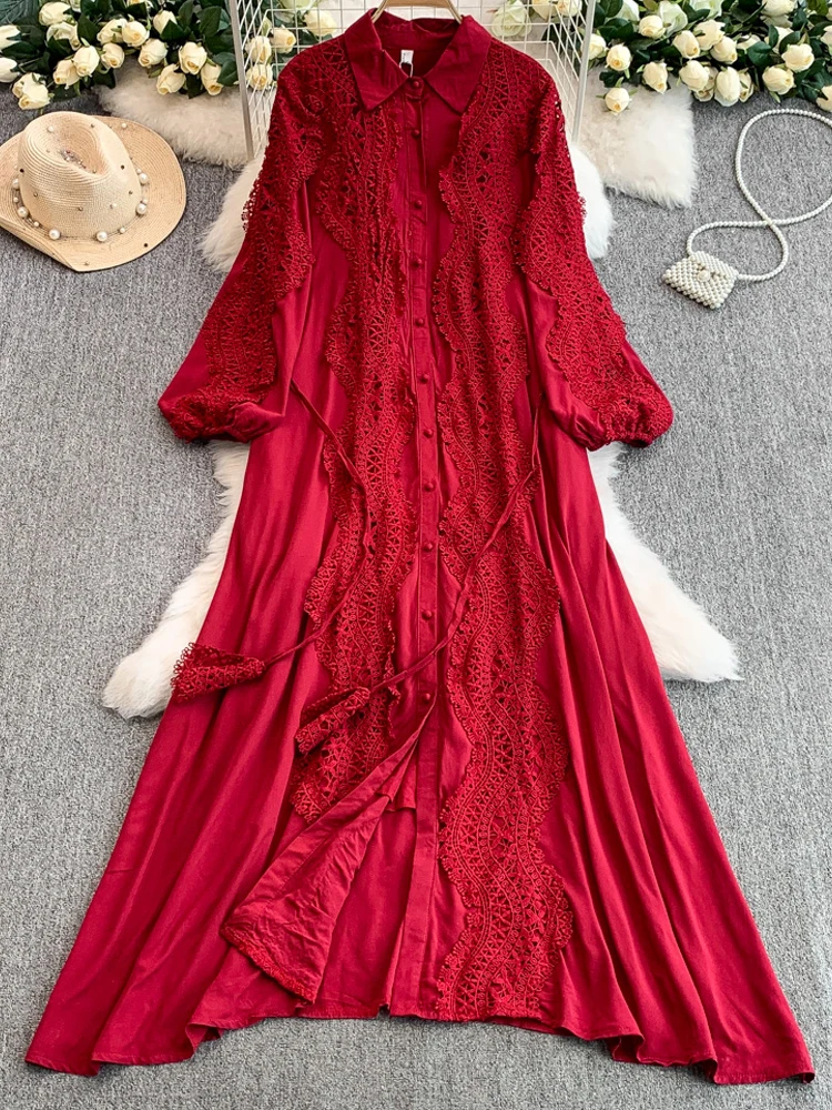 Elegant เสื้อแขนยาวผู้หญิง 2025 ใหม่ลูกไม้ Patchwork Maxi ชุดสีทึบพรรค Vestidos ชายหาดหลวม INKEO 5D148