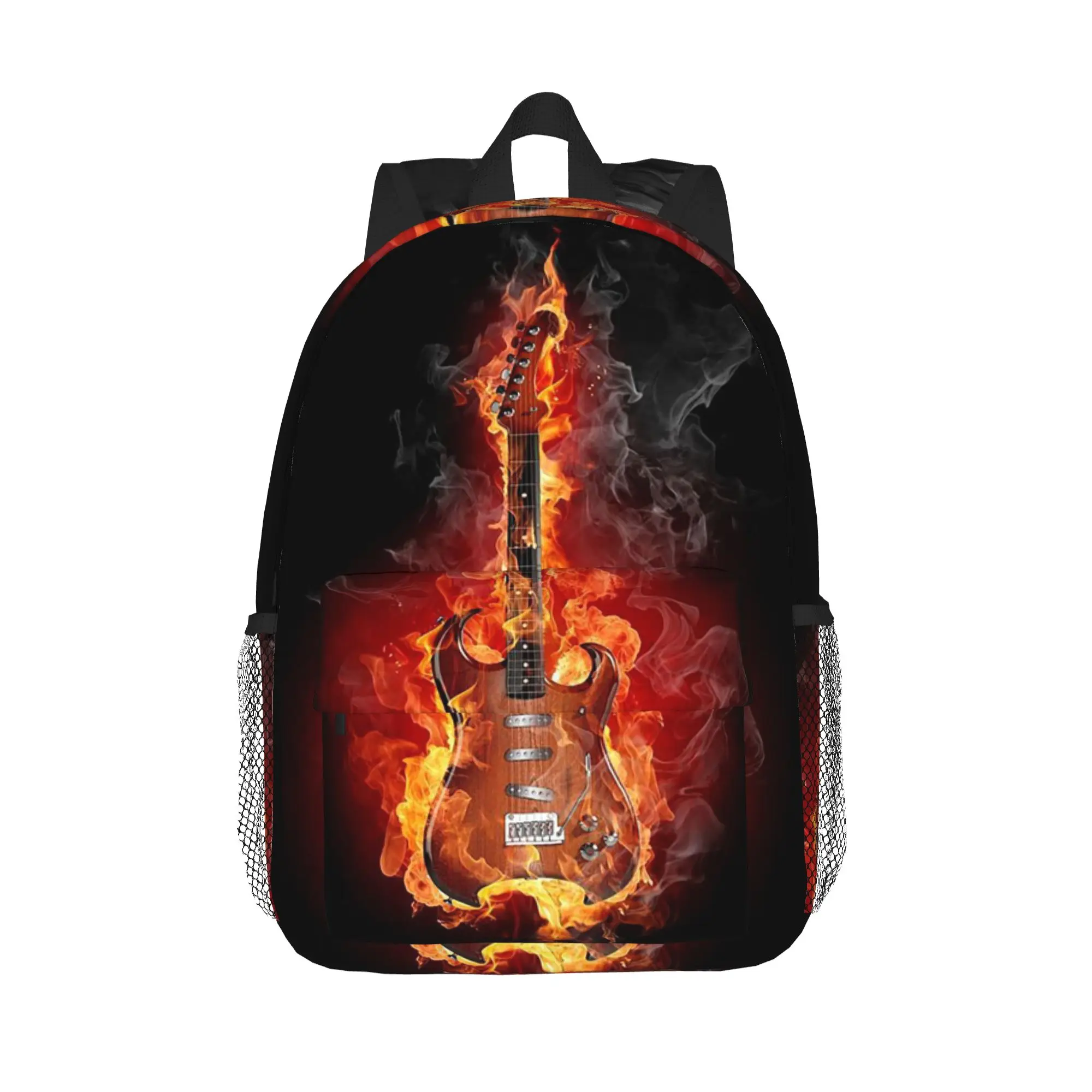 Guitar With Fire In Black Backpack Hot Sale Daypack Large Capacity Boys Girls BookBag Shoulder Bags for Men Women School Bag
