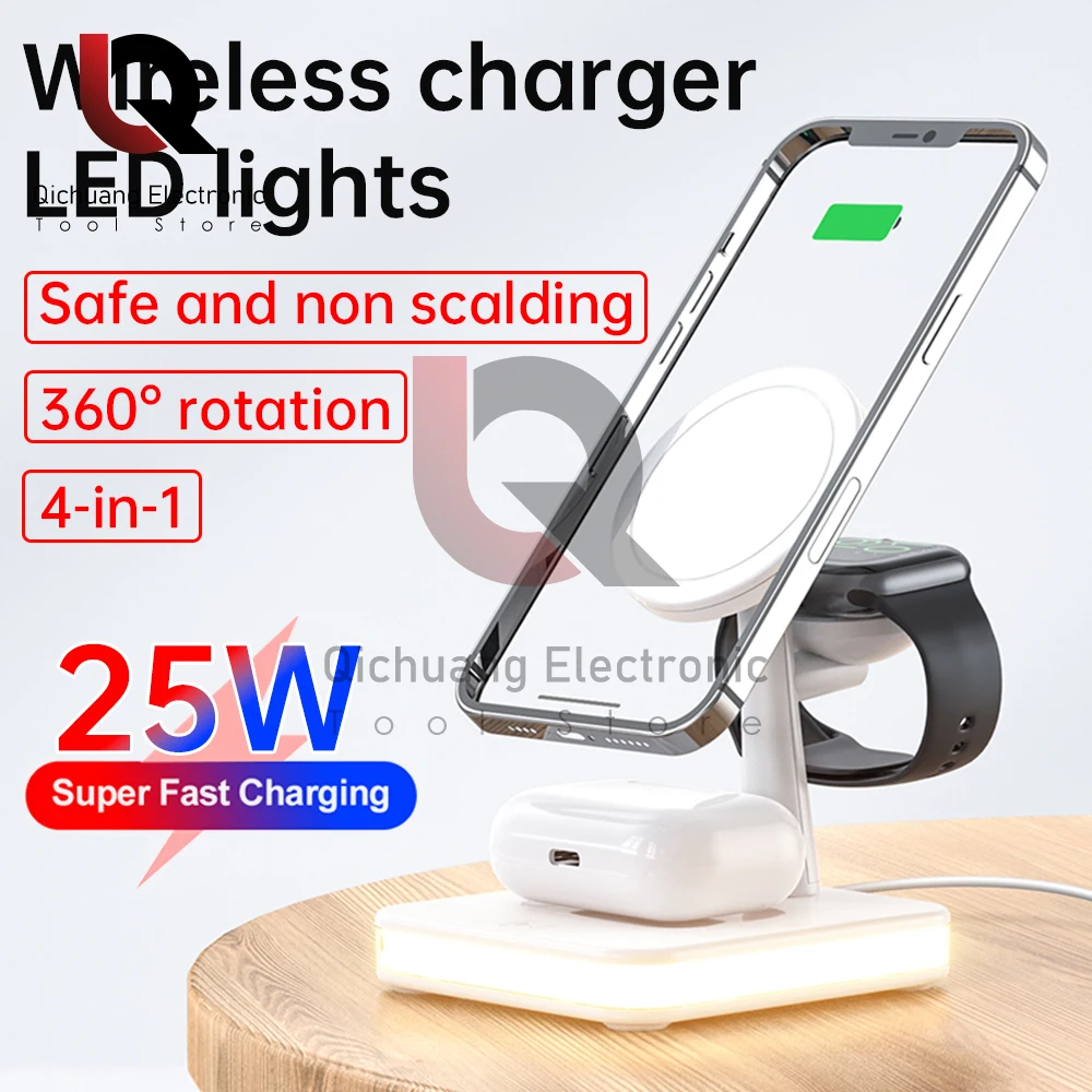 25W 4 in 1 Magnetic Wireless Charger Stand For iPhone 13/14/15 Smart Watch 8 7 6 5 Fast Charging Dock Station With LED Light