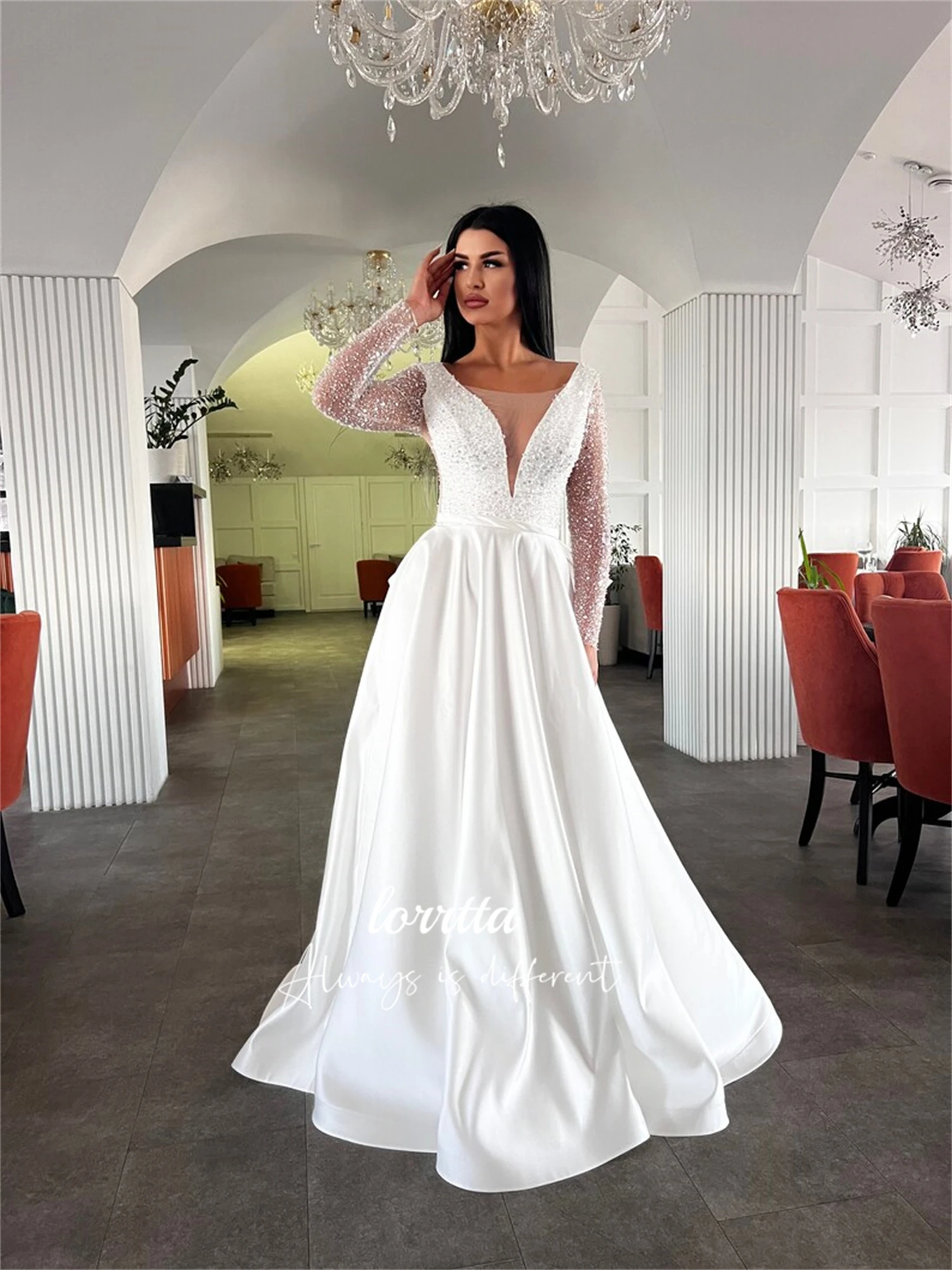 Lorrtta Satin Grace Bead Embroidery White Wedding Dress Evening Dresses for Formal Occasions Luxury Robe De Soiree Femmes Party