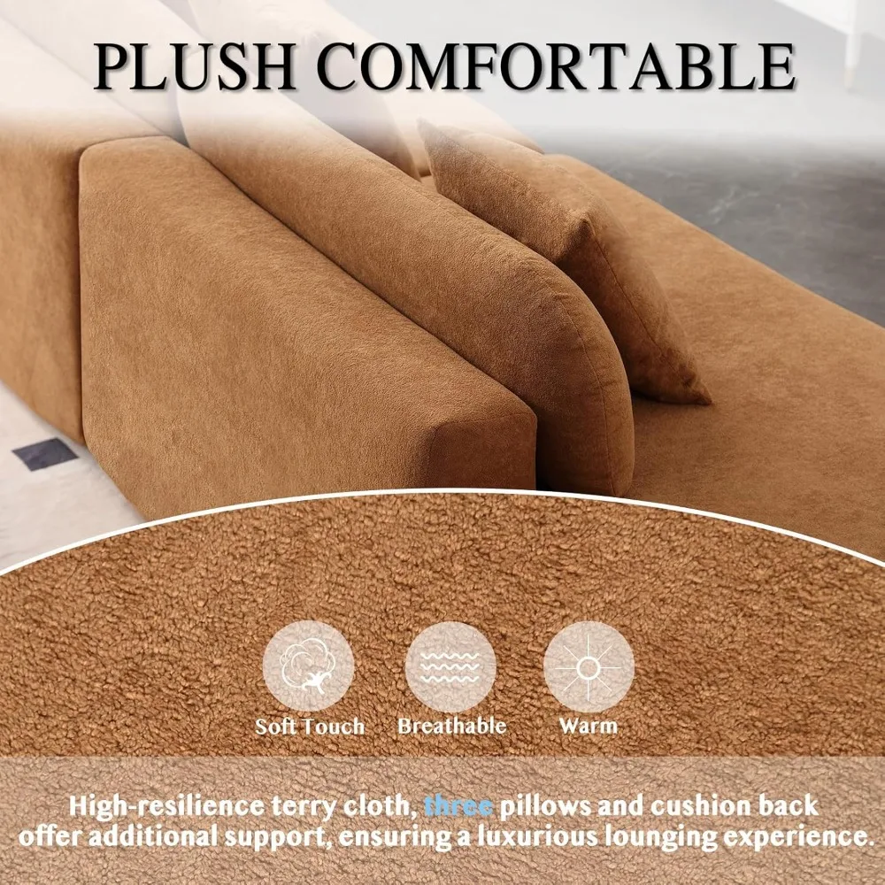 أريكة حديثة مقطعية بأربعة مقاعد مع 3 وسائد، أريكة وحدات مريحة على طراز السحابة، تصميم بسيط من قماش تيريكل منحني للاسترخاء #5