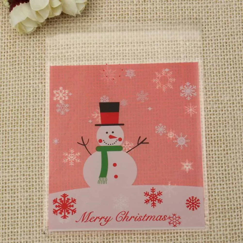 

200Pcs Christmas Candy Bag Self-Adhesive Snowman Pattern Plastic Storage for Party Home 10*10cm