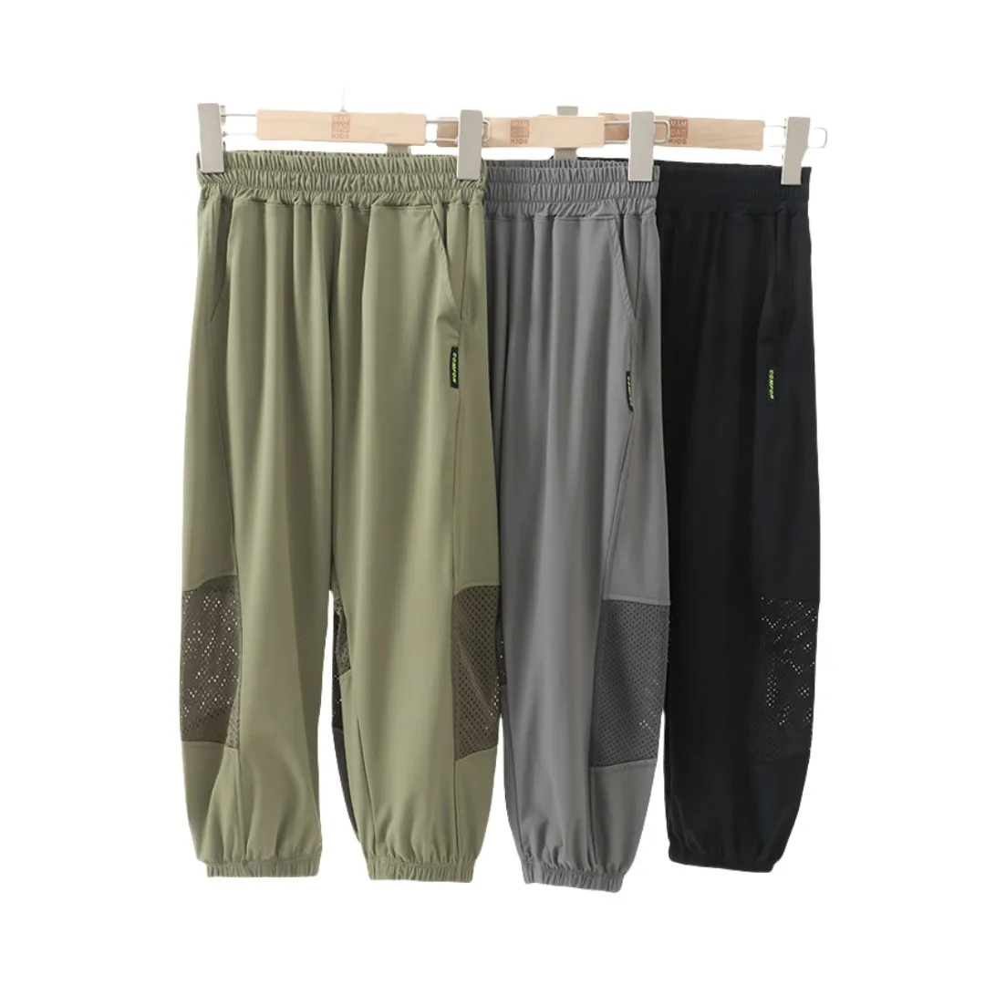 Children's Summer Breathable Long Jogger Pants for Boys Comfortable Loose Fit Elastic Waist Trousers with Mesh Detailing
