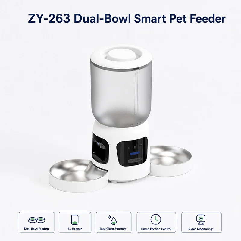 Dual-Camera Pet Feeder with 6L Food Hopper, App Remote Feeding, 180 Degree Wide Angle Live View, OEM ODM Customizable
