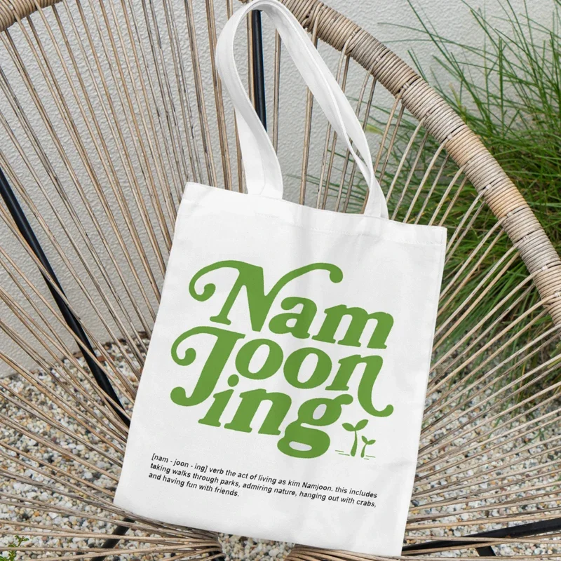 Namjooning Printed Black Canvas Green Font Casual Large Handbag Women Environmental Shopping Handbag Large Capacity Bag Washable