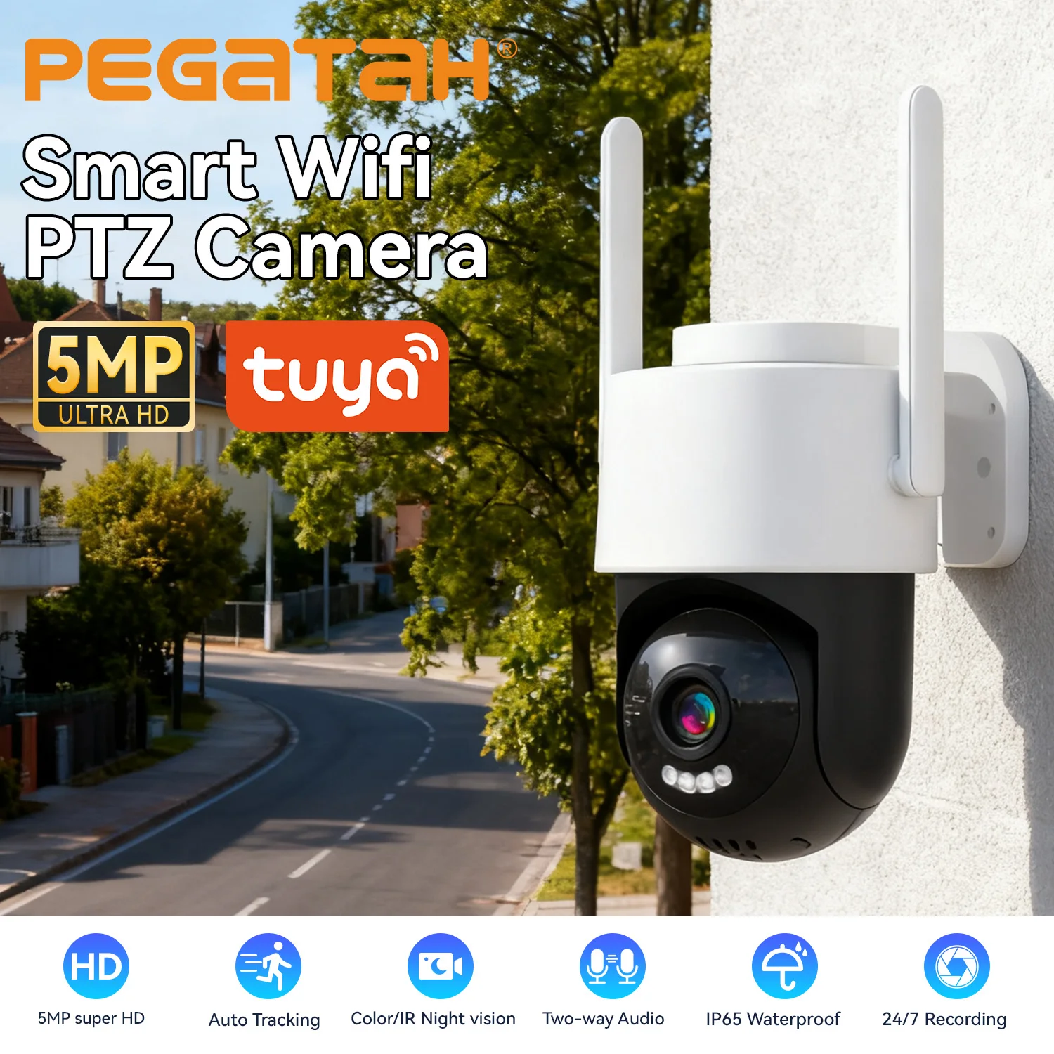 

5 МП PTZ WiFi-камера с двумя объективами Securexpert, автоматическое отслеживание, цветное ночное видение, двусторонняя аудиосвязь, видеонаблюдение Tuya Smart для улицы