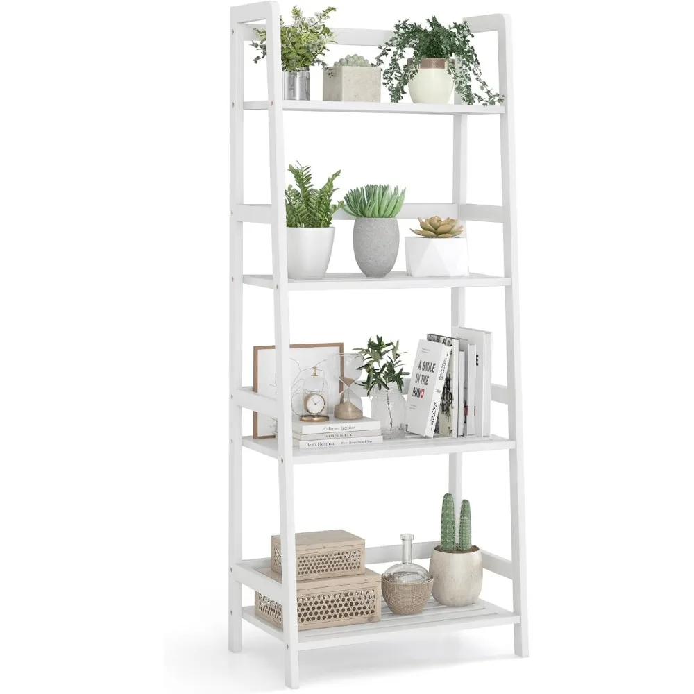 

4-уровневая белая полка-лестница, бамбуковый открытый книжный шкаф, книжная полка с местом для хранения, 47,5 отдельно стоящие стеллажи для растений