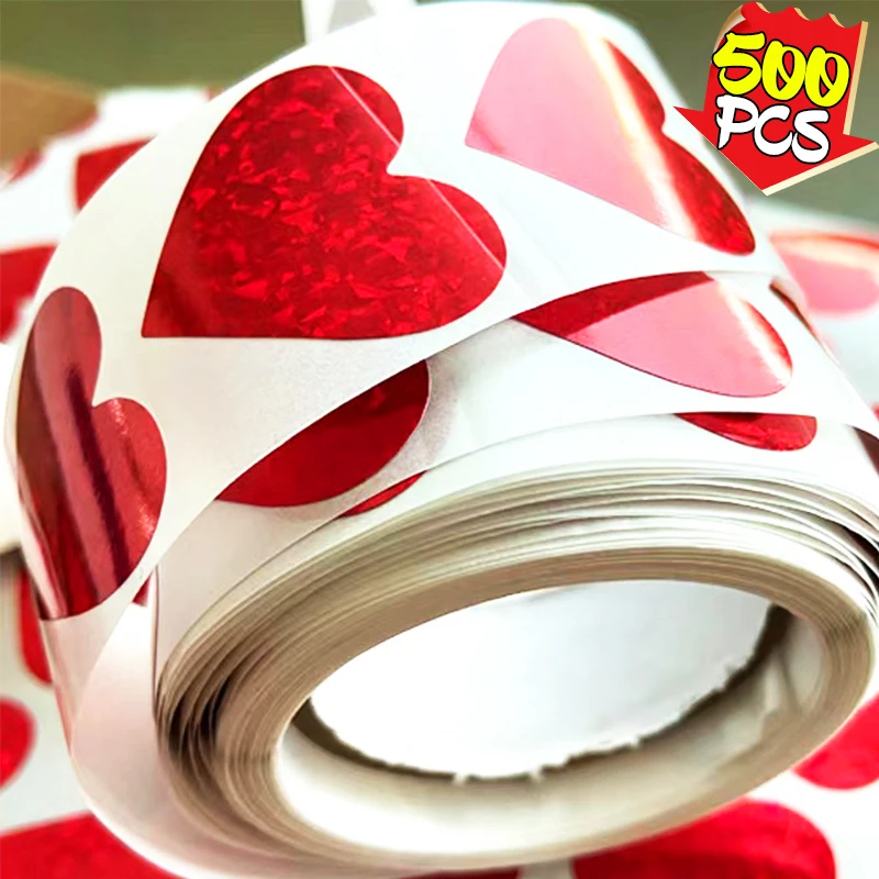 2000/500pcs Red Heart Shape Laser Label Stickers Valentine's Day Wedding Party Paper Stationery Gift Box Packaging Sticker Decor