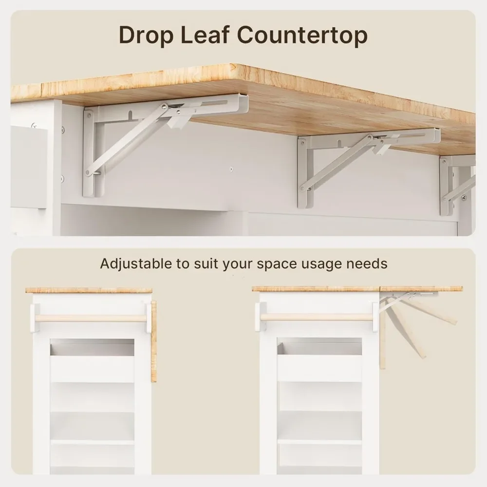 جزيرة مطبخ دوارة مع أوراق متدلية، سطح خشبي بعرض 60.6 بوصة، عربات مطبخ على عجلات مع خزانة تخزين كبيرة، قابلة للتعديل
