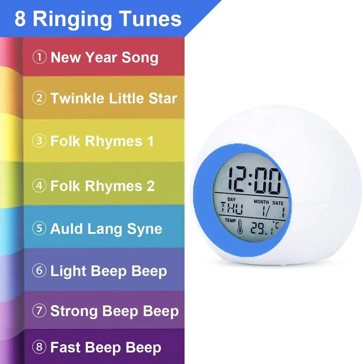 7-Color Changing Digital Alarms Clock with Night Light for Kids Touch Control with 8 Alarms Tones for Boys and Girls Bedside