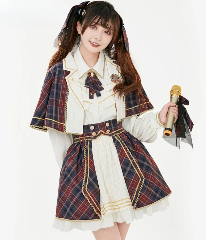 

2025 Costume Lolita Girl Womens Long Sleeve Shirt Plaid Short Cape Coat Skirt Team Skirt Suit JK Uniform Stage Outfits