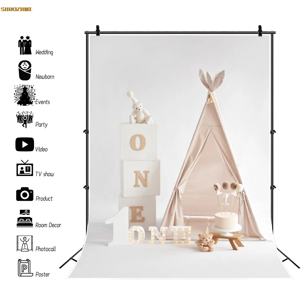 Baby Birthday Party Photography Backdrop Boy Girl 1st Birthday Balloon Flower Wood Floor Child Portrait Background Cake Smash