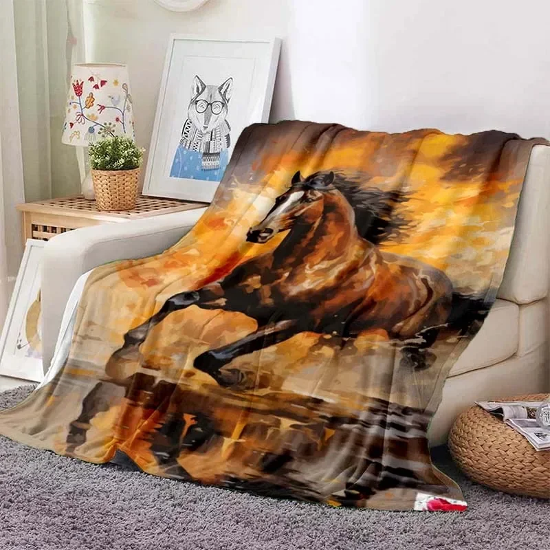 3D home cartoon printed horse blanket picnic blanket warm flannel soft and comfortable home travel birthday gift retro