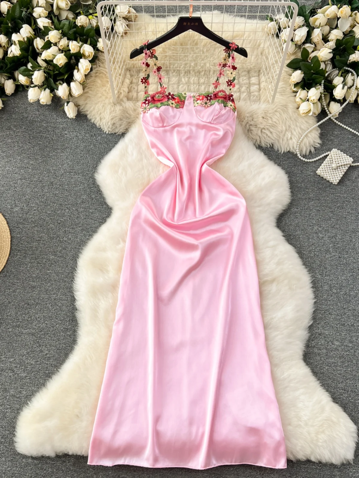 Foamlina 2024 Summer Elegant Floral Embroidery Suspender Dress Women Sexy Sleeveless Backless Slim Beach Party Satin Long Dress