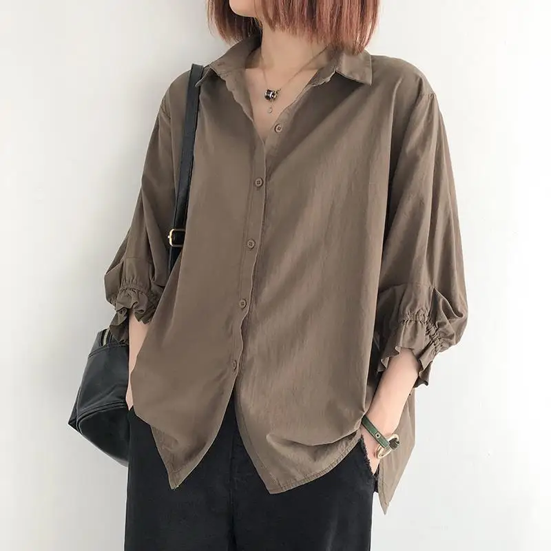 Einfarbiges Rüschenkanten-Laternenärmel-Oberteil mit Sieben-Viertel-Ärmeln Einreihiges Hemd Frühling Sommer Neue Koreanische Version Damen Locker Sitzende Übergrößen-Bluse – Detail 15