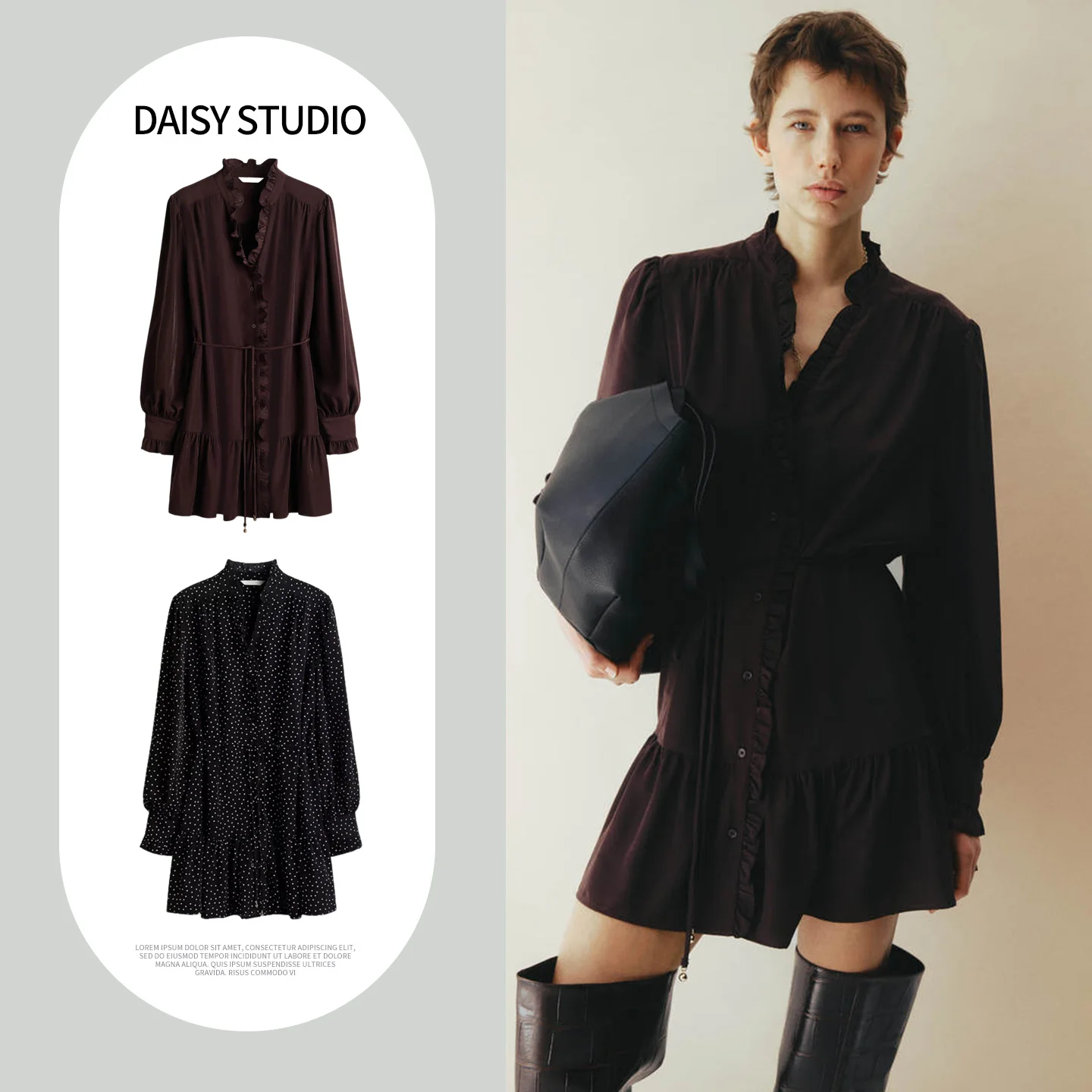 

Spring New Women's V-ne Lantern Sve Knot Belted ort Ruffle Dr Loose Fit Ci Commute Single Button Closure