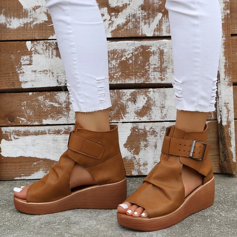 2023 New Fashion Ladies Sandals Wedges Pu Open Toe Summer Fashion Female Gladiator Solid Color Sandals Platform Shoes for Women