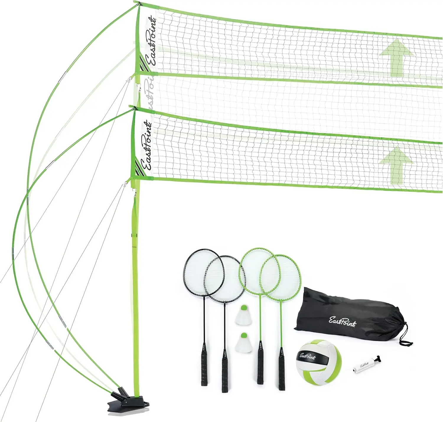 

Portable Volleyball Badminton Set - 2-in-1 Net for Backyard, Park, Beach - Includes 4 Steel Rackets, Ball, Pump